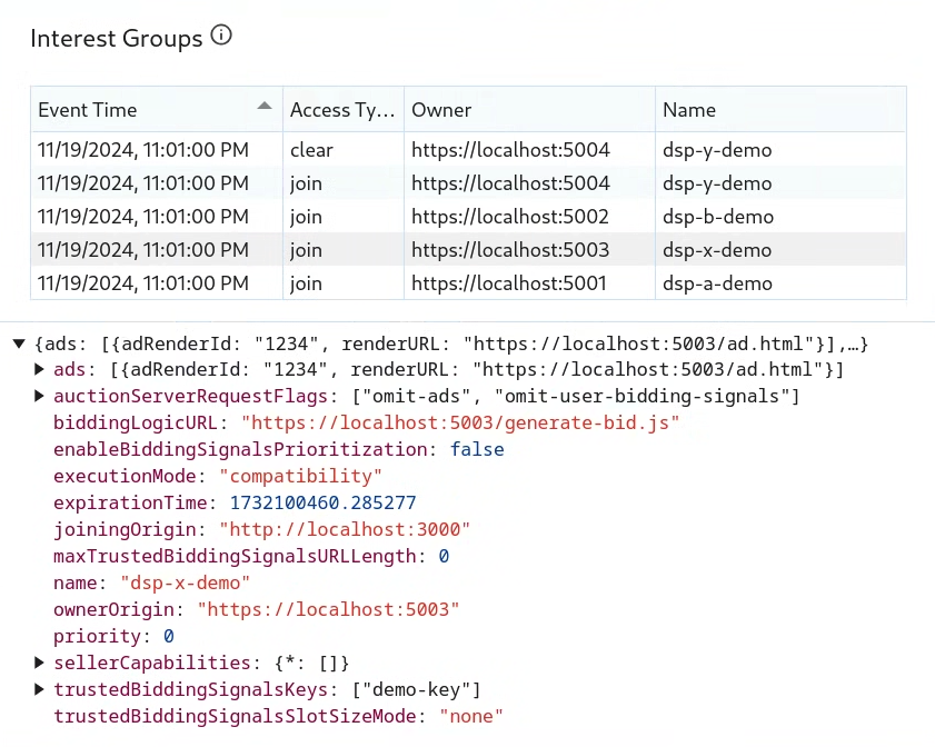 Chrome DevTools のインタレスト グループのスクリーンショット。