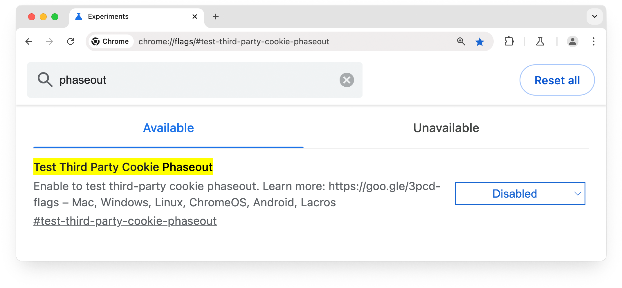 La pagina dei flag di Chrome, con l'eliminazione graduale dei cookie di terze parti
attivata.