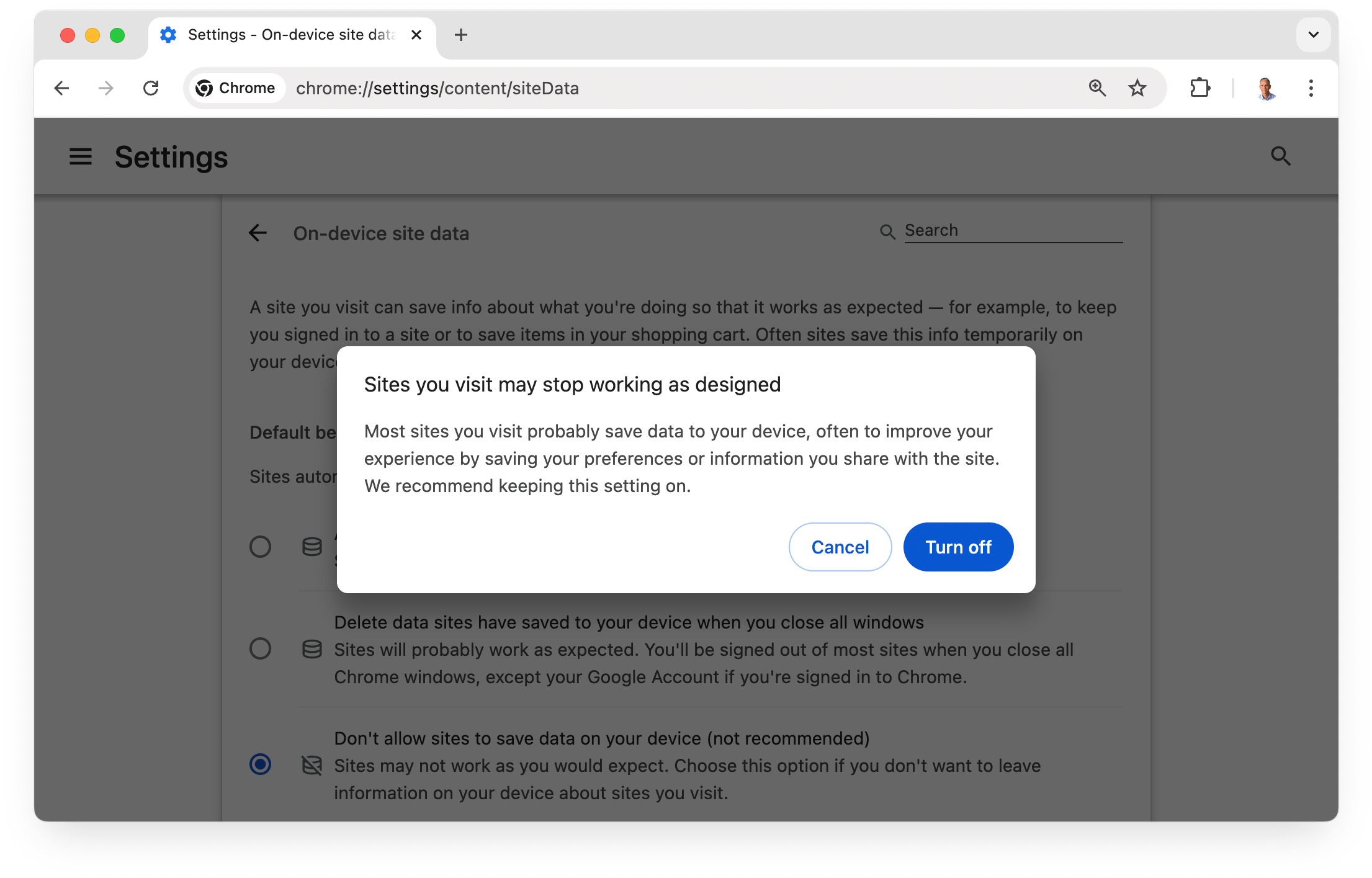 หน้าการตั้งค่าข้อมูลเว็บไซต์ของ Chrome โดยเลือก "ไม่อนุญาตให้เว็บไซต์บันทึกข้อมูลลงใน
อุปกรณ์ (ไม่แนะนำ)"
