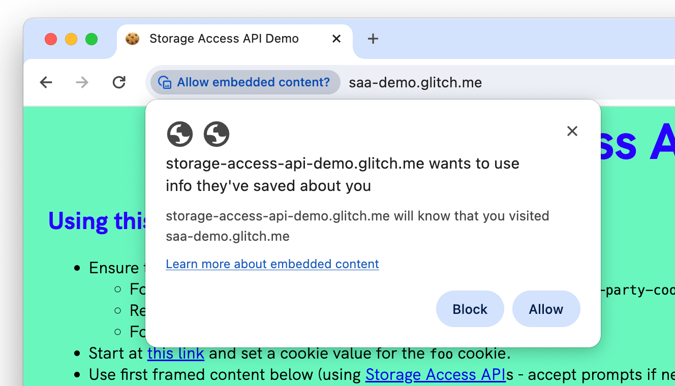 Chrome Storage Access API izin istemi.